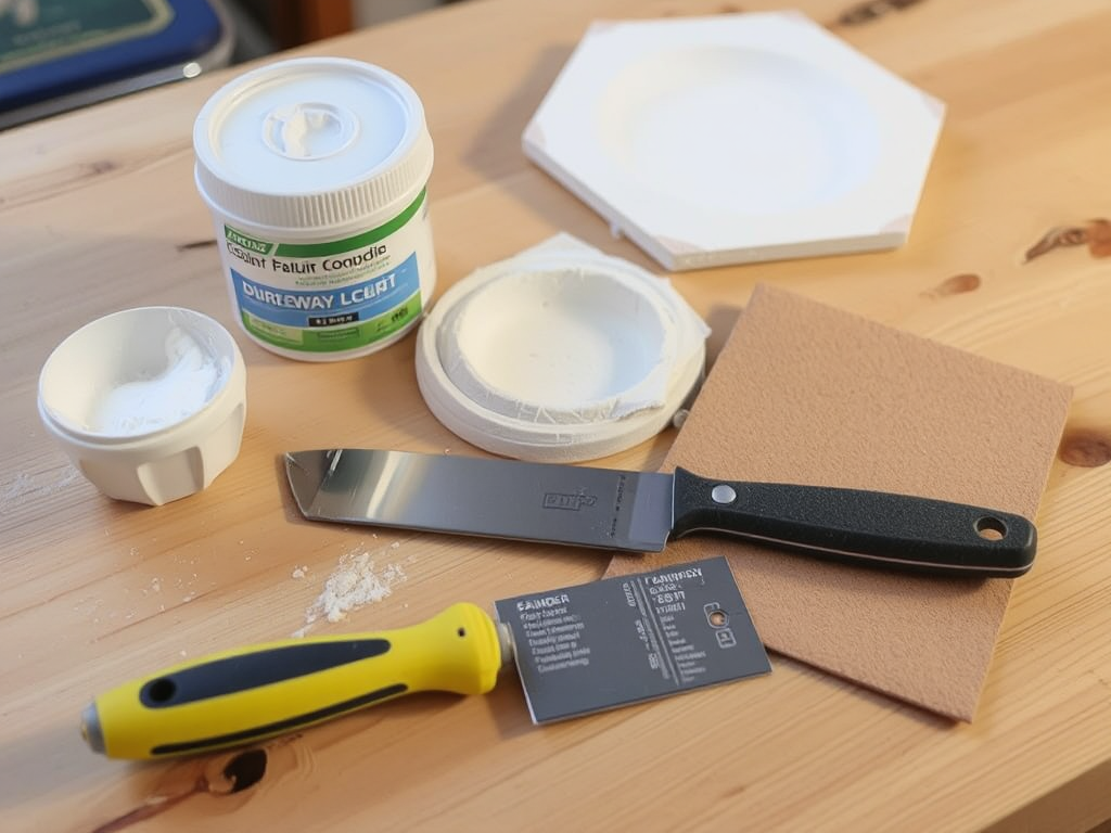 Các vật liệu cần thiết để vá lỗ đèn trần thạch cao bao gồm hỗn hợp trét, dao trét, giấy nhám và miếng vá thạch cao được sắp xếp trên bàn làm việc gỗ với ánh sáng dịu nhẹ