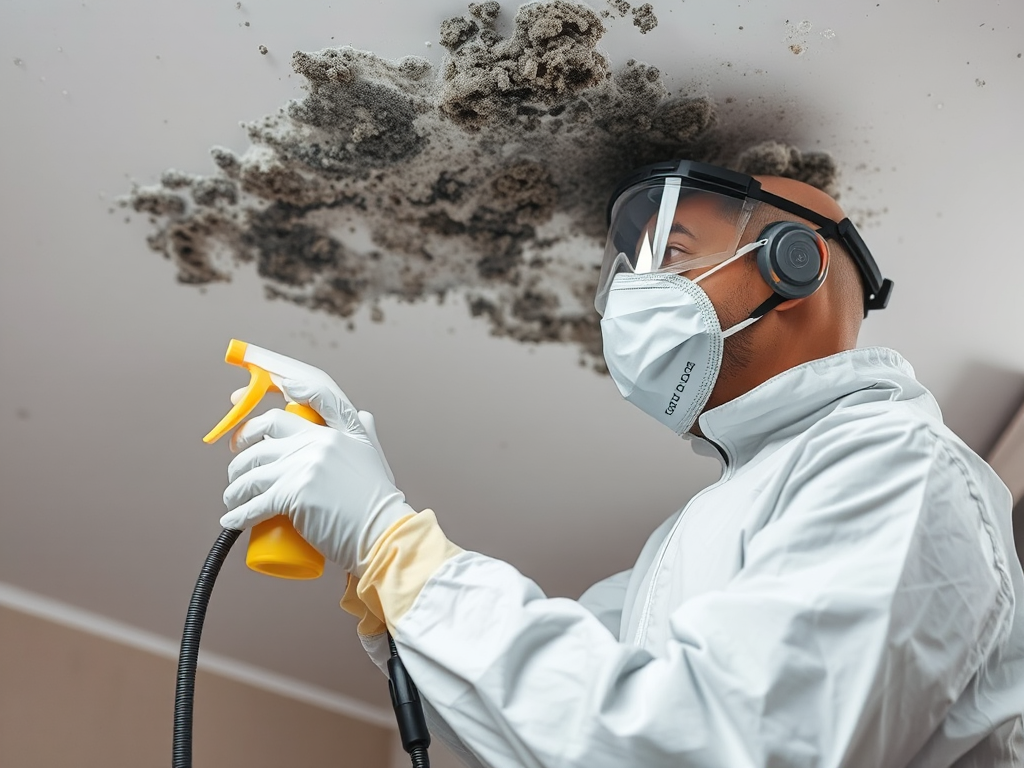 Chuyên gia vệ sinh đang xử lý nấm mốc trên trần nhà bằng dung dịch chuyên dụng, mặc đồ bảo hộ, trong không gian nội thất sáng rõ