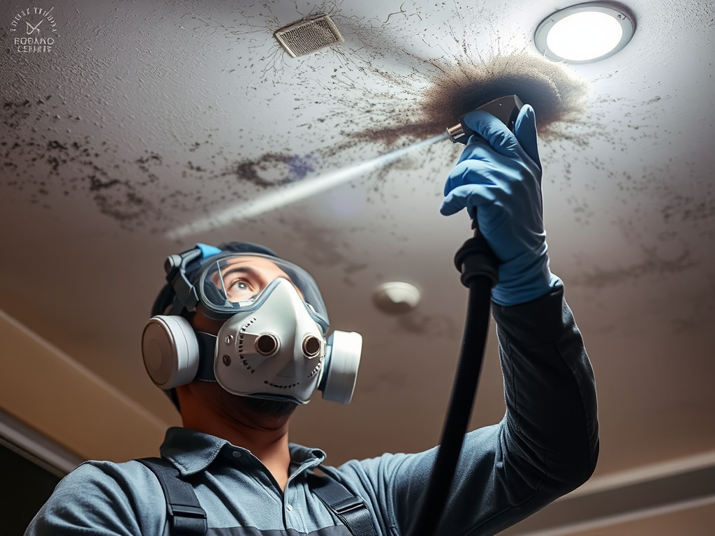 Công nhân đang đeo khẩu trang và găng tay phun dung dịch chống nấm mốc lên trần nhà, ánh sáng an toàn rõ ràng, cảnh xử lý nấm mốc chuyên nghiệp