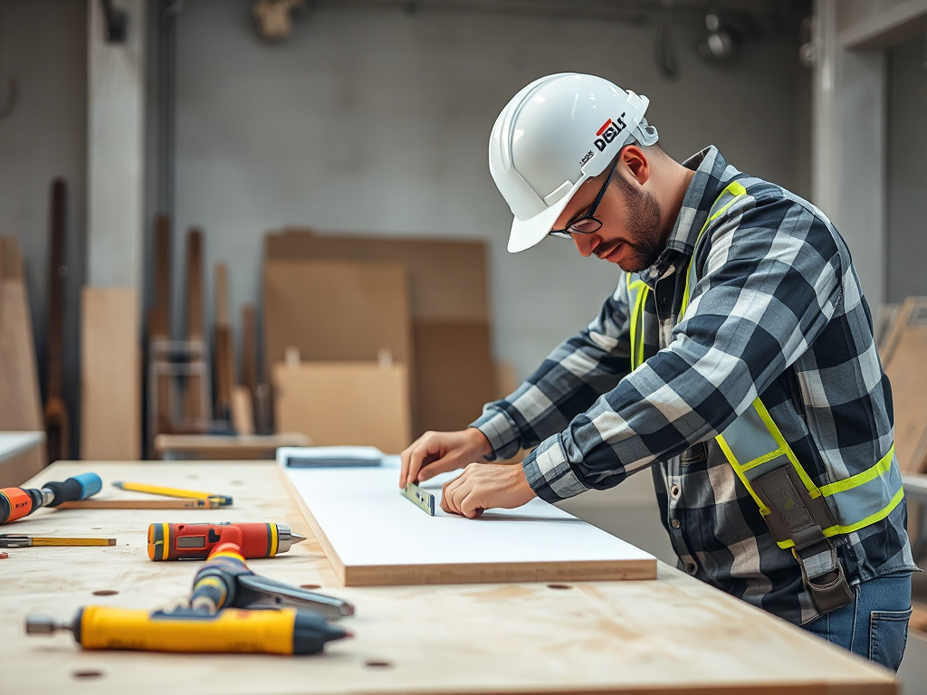 Công nhân đang đo và cắt tấm thạch cao, các dụng cụ xây dựng bày trên bàn làm việc trong xưởng sáng đèn, minh họa quy trình làm vách thạch cao