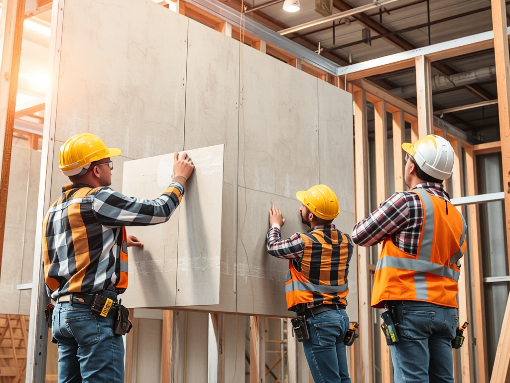 Công nhân đang lắp đặt tấm thạch cao lên khung kim loại trong xưởng xây dựng, ánh sáng rõ nét, thể hiện quy trình làm vách thạch cao chuyên nghiệp