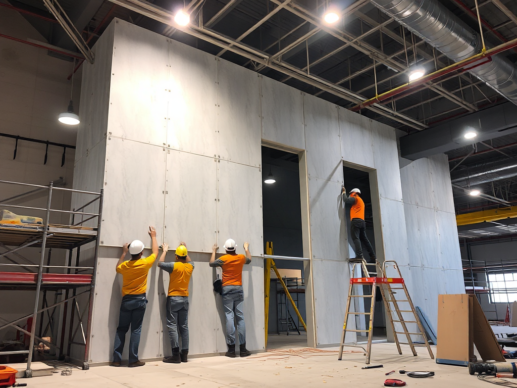 Công nhân đang lắp đặt vách thạch cao 2 mặt tại công trường xây dựng, ánh sáng đèn chiếu sáng mạnh, không gian công nghiệp với giàn giáo và dụng cụ xây dựng