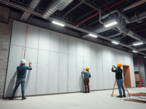 Công nhân đang lắp đặt vách thạch cao cách âm tại công trường xây dựng hiện đại, ánh sáng công nghiệp sáng rõ, thi công chuyên nghiệp