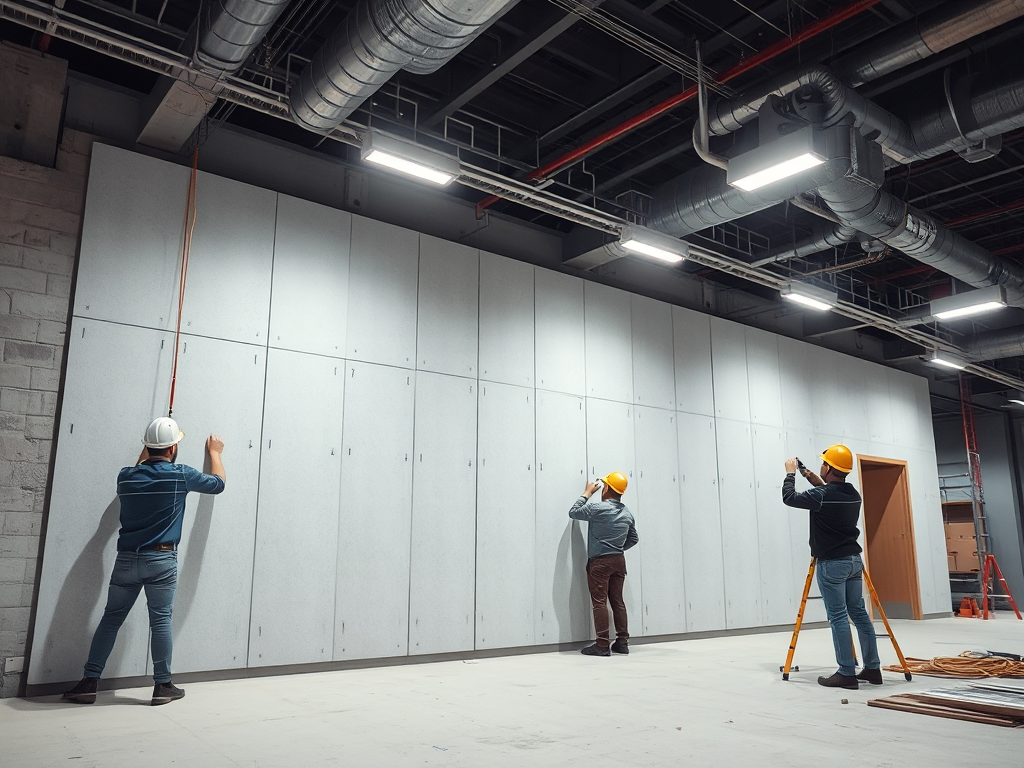 Công nhân đang lắp đặt vách thạch cao cách âm tại công trường xây dựng hiện đại, ánh sáng công nghiệp sáng rõ, thi công chuyên nghiệp