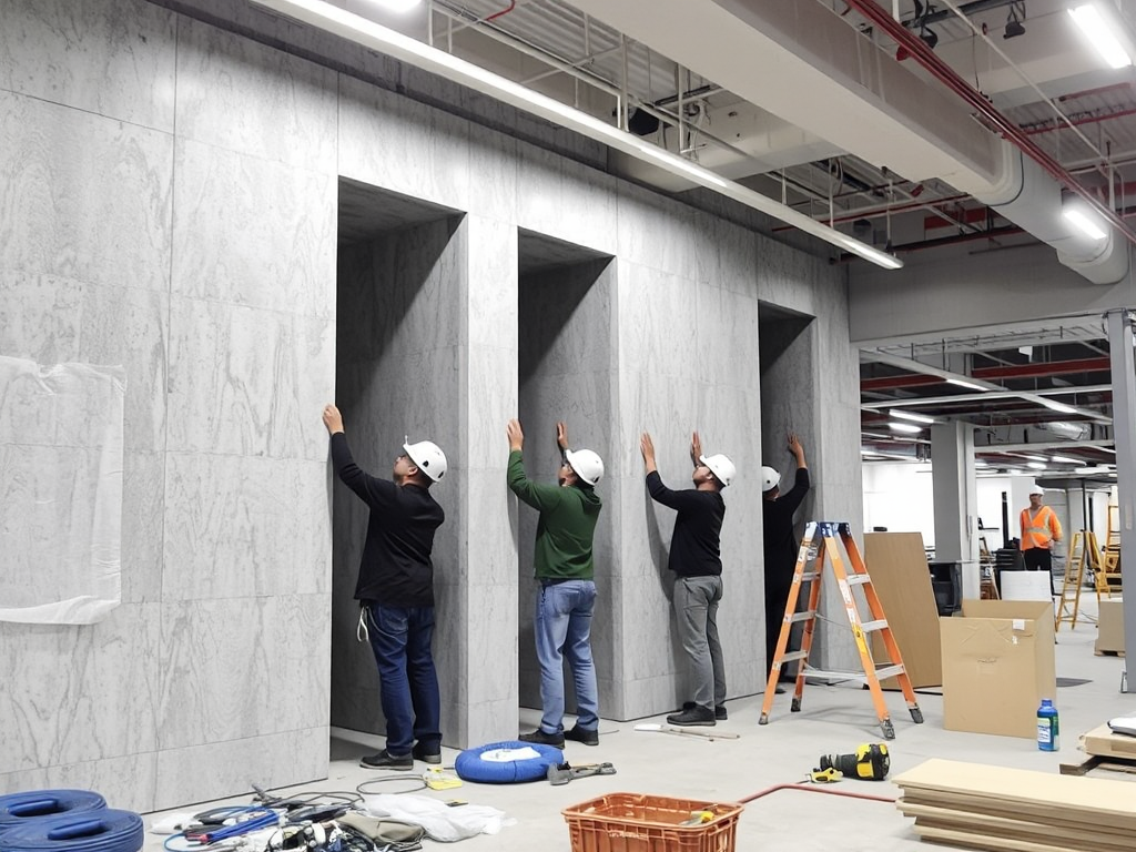 Công nhân đang lắp đặt vách thạch cao cách âm tại công trường xây dựng, không gian công nghiệp với dụng cụ và vật liệu xây dựng hiện đại