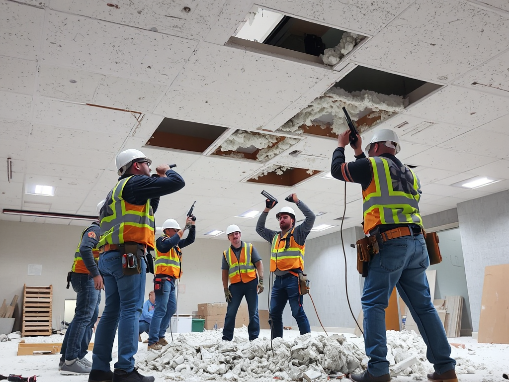 Công nhân đang phá dỡ trần thạch cao bằng dụng cụ điện, đeo đồ bảo hộ, thu gom vật liệu thải, trong không gian xây dựng công nghiệp với ánh sáng mạnh từ trên cao.