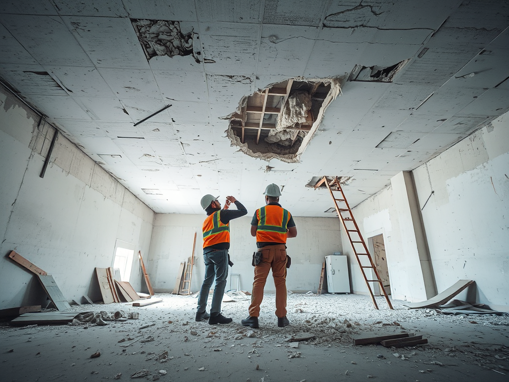 Công nhân đang phá dỡ trần thạch cao trong công trình xây dựng, vật liệu vụn rơi vãi khắp nền nhà, ánh sáng đèn chiếu sáng mạnh mẽ, phong cách nhiếp ảnh công nghiệp