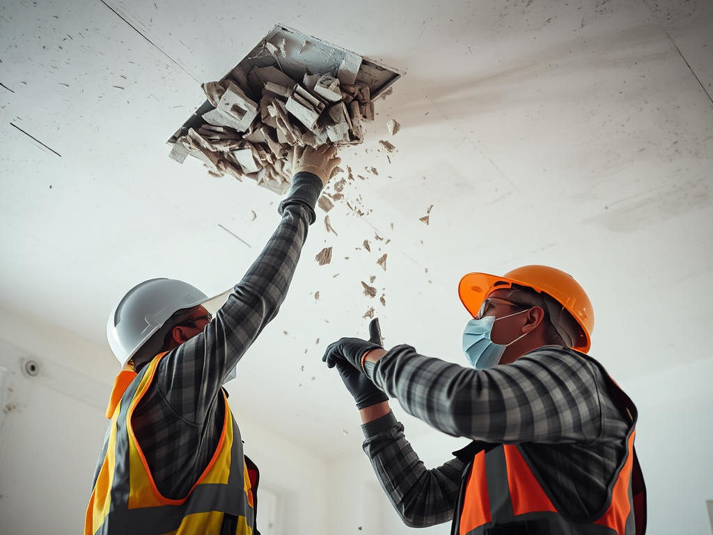 Công nhân đang phá dỡ trần thạch cao với đầy đủ trang thiết bị bảo hộ, mũ bảo hiểm, găng tay, khẩu trang chống bụi, trong không gian thi công công nghiệp