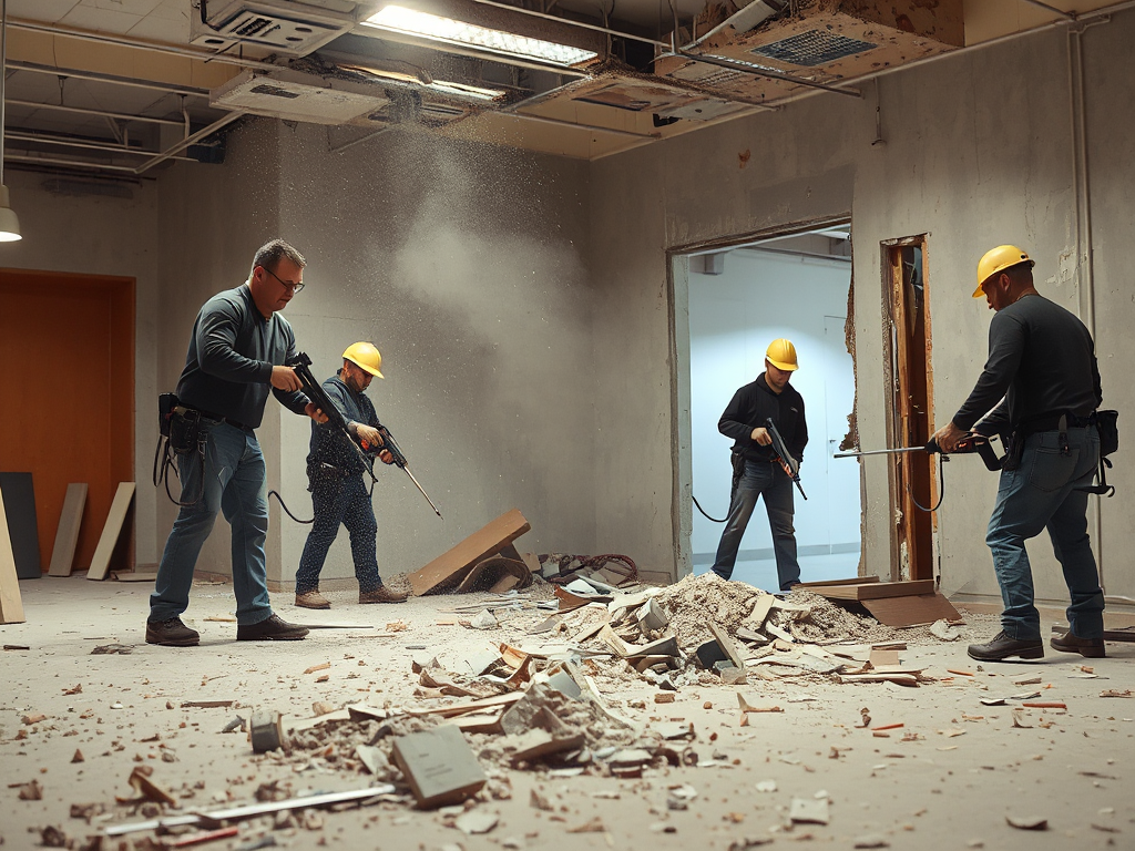 Công nhân đang phá dỡ tường thạch cao bằng máy khoan và búa, bụi và mảnh vỡ vương vãi khắp nền nhà trong không gian công nghiệp có ánh sáng đèn trần mạnh mẽ