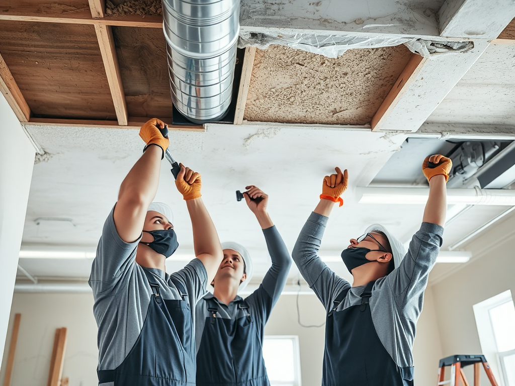 Công nhân đang sửa chữa trần thạch cao với các dụng cụ chuyên dụng trong xưởng làm việc, ánh sáng rõ nét làm nổi bật chi tiết kỹ thuật thi công.