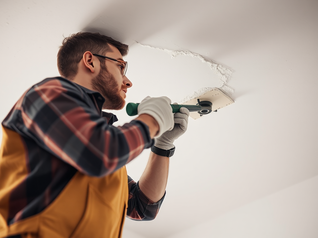 Công nhân đang sửa chữa trần thạch cao với các dụng cụ chuyên dụng, ánh sáng rõ nét trong xưởng làm việc, chi tiết quá trình bịt lỗ trần thạch cao