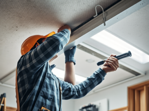 Công nhân đang sửa chữa trần thạch cao với các dụng cụ chuyên dụng, ánh sáng rõ ràng, không gian làm việc chuyên nghiệp, thể hiện quy trình sửa chữa trần thạch cao