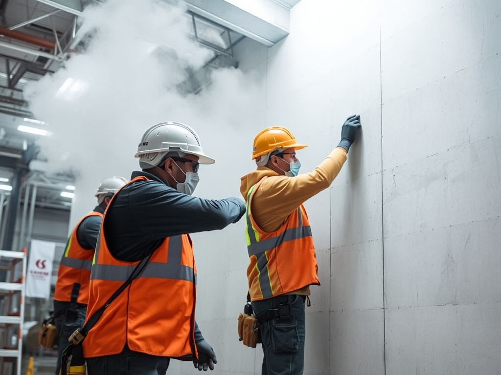Công nhân đang tháo dỡ vách ngăn thạch cao với đầy đủ trang bị bảo hộ, bụi bẩn trong không khí, môi trường thi công công nghiệp an toàn