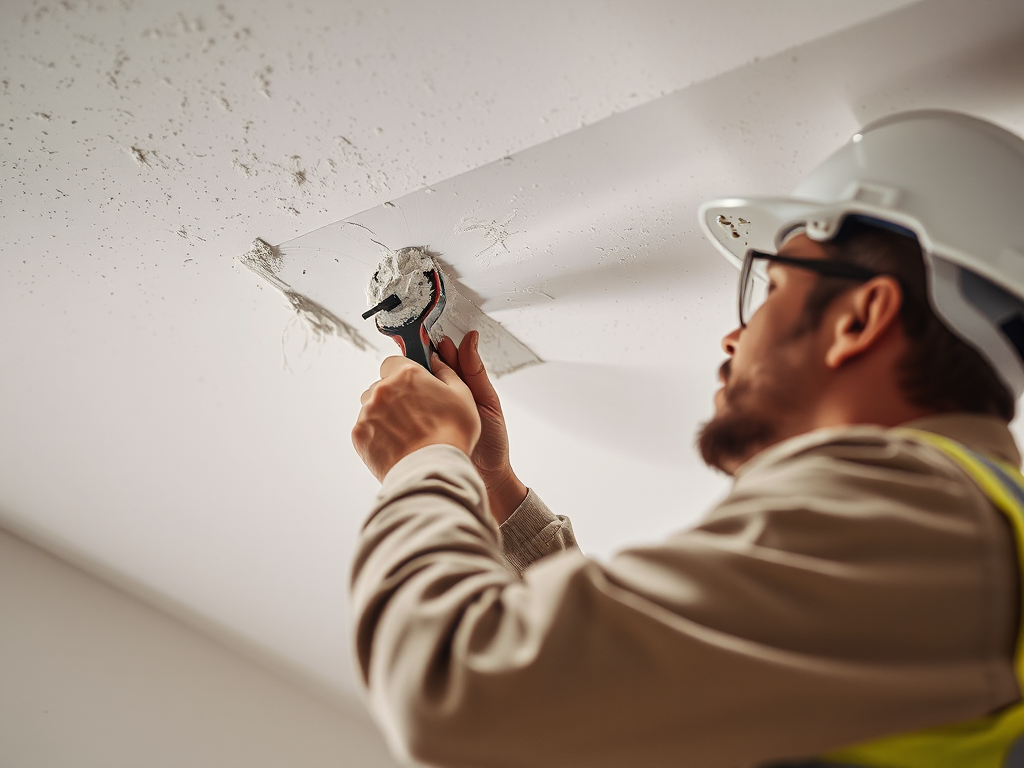 Công nhân đang thi công bả trần thạch cao, cận cảnh các dụng cụ và vật liệu, ánh sáng rõ ràng trong xưởng làm việc, tập trung vào chi tiết bề mặt