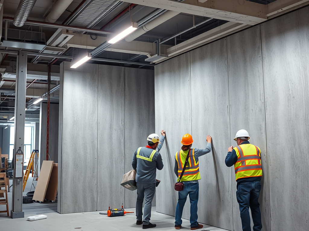 Công nhân đang thi công lắp đặt vách thạch cao 2 mặt tại công trường văn phòng hiện đại, ánh sáng công nghiệp rõ nét, không gian xây dựng chuyên nghiệp