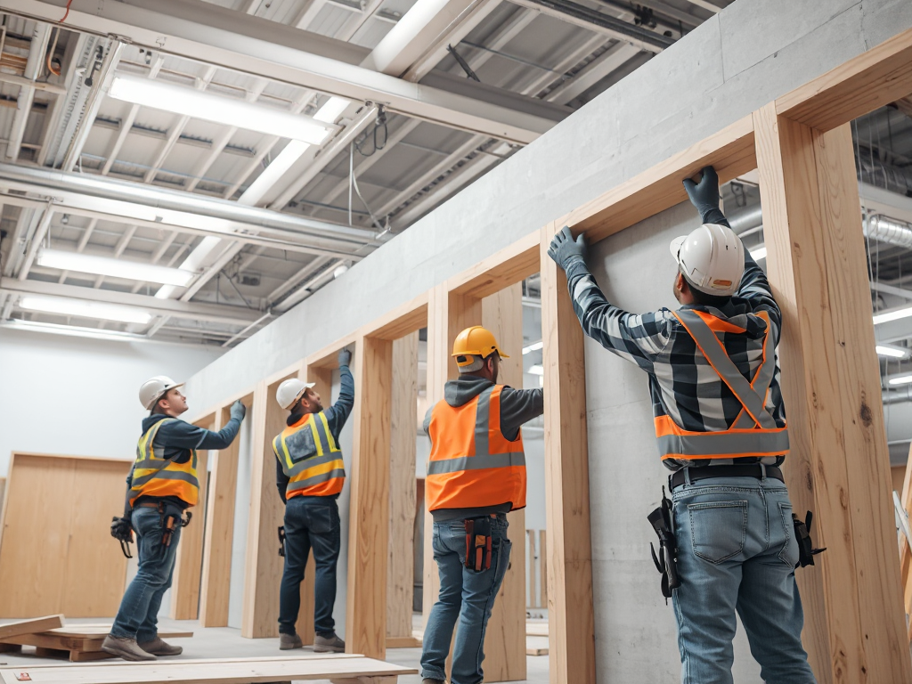 Công nhân đang thi công lắp đặt vách thạch cao trong công trình xây dựng hiện đại với ánh sáng đèn chiếu sáng và chi tiết hoàn thiện tỉ mỉ