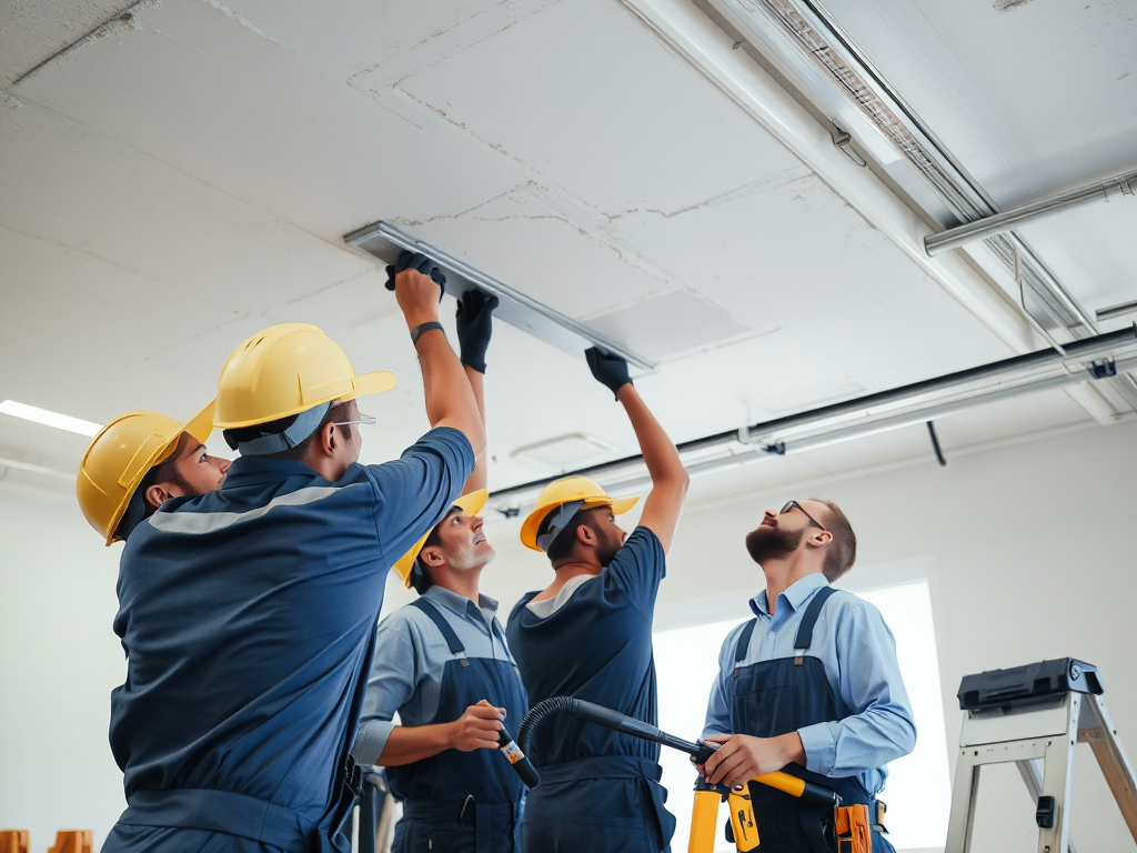 Công nhân đang thi công sửa chữa trần thạch cao với các dụng cụ chuyên nghiệp trong xưởng làm việc có ánh sáng đầy đủ, thể hiện quy trình vá trần thạch cao tại Hà Nội