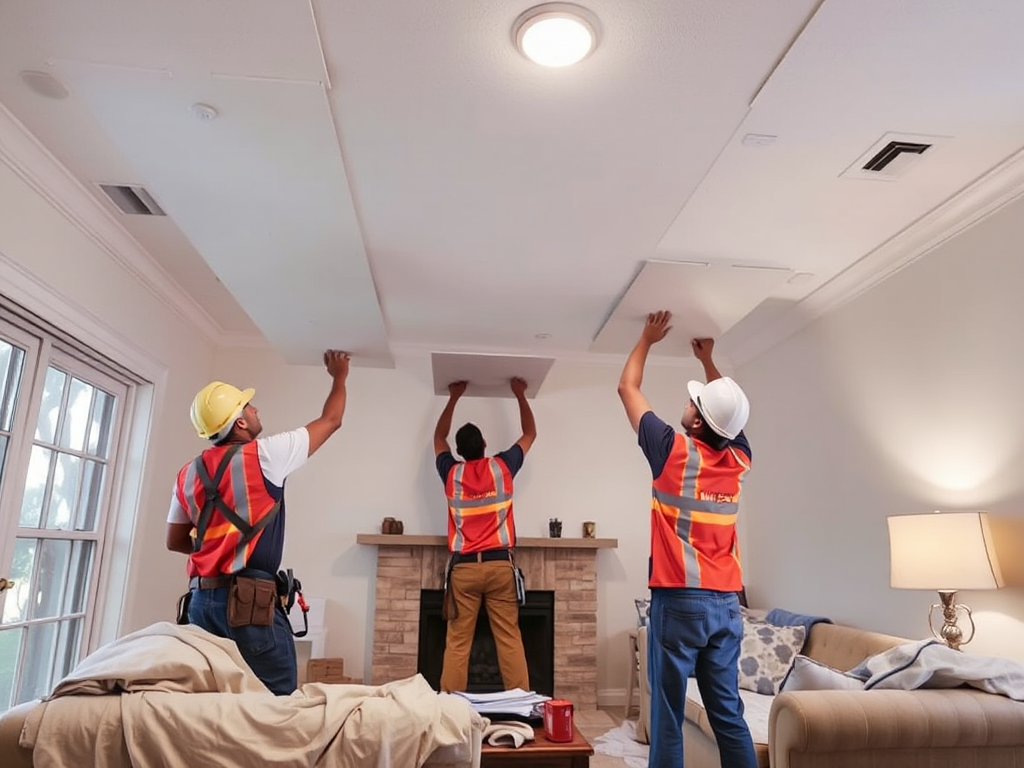 Công nhân đang tiến hành tháo dỡ trần thạch cao trong phòng khách, bảo vệ đồ đạc bằng vải phủ, ánh sáng trần rõ ràng, quá trình phá dỡ trần thạch cao an toàn và chuyên nghiệp