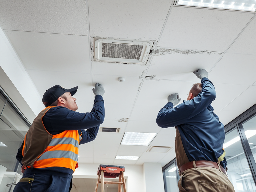 Công nhân lành nghề đang sửa chữa trần thạch cao trong văn phòng hiện đại với ánh sáng đèn chiếu sáng, quy trình thi công chi tiết, trang phục chuyên nghiệp, tay nghề tập trung cao độ.