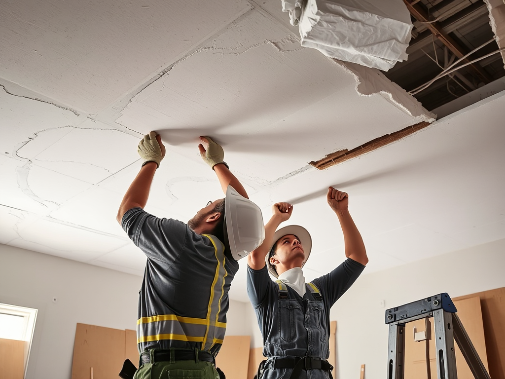 Công nhân lành nghề đang sửa chữa trần thạch cao với đầy đủ dụng cụ và vật liệu, ánh sáng trong xưởng rõ ràng, thể hiện quy trình thi công chuyên nghiệp Công nhân lành nghề đang sửa chữa trần thạch cao với đầy đủ dụng cụ và vật liệu, ánh sáng trong xưởng rõ ràng, thể hiện quy trình thi công chuyên nghiệp