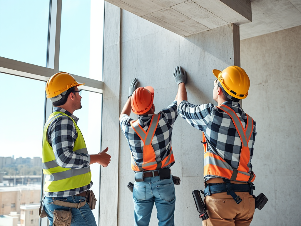 Công nhân thi công lắp đặt vách thạch cao trong công trình xây dựng hiện đại, ánh sáng ban ngày rõ ràng, thể hiện quy trình thi công chuyên nghiệp