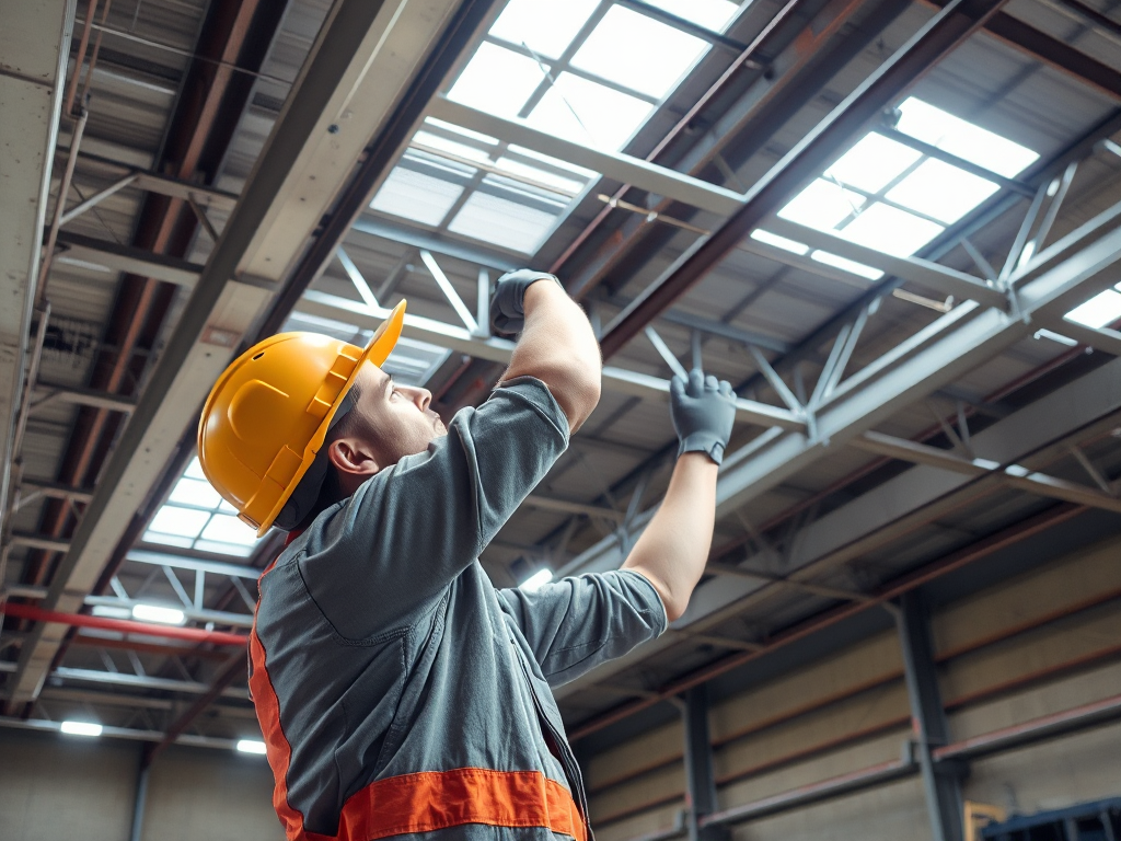 Công nhân xây dựng đang lắp đặt khung xương trần kim loại trong xưởng công nghiệp với ánh sáng đèn chiếu sáng chuyên nghiệp, thể hiện quy trình thi công vách thạch cao