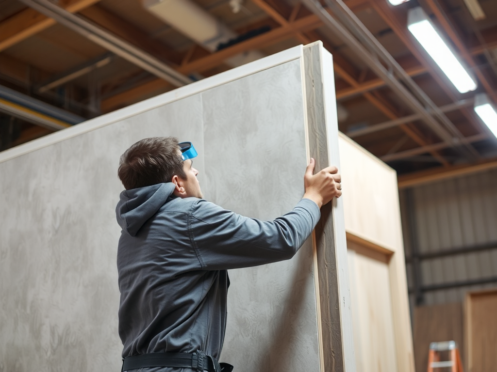 Công nhân xây dựng đang lắp đặt tấm thạch cao cho vách 1 mặt, ánh sáng rõ nét trong xưởng sản xuất, chi tiết kỹ thuật cao, môi trường công nghiệp hiện đại