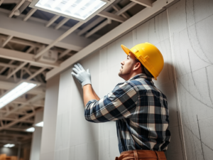 Công nhân xây dựng đang lắp đặt tấm thạch cao trong văn phòng hiện đại với ánh sáng đèn trần sáng, thể hiện quy trình làm vách thạch cao chuyên nghiệp