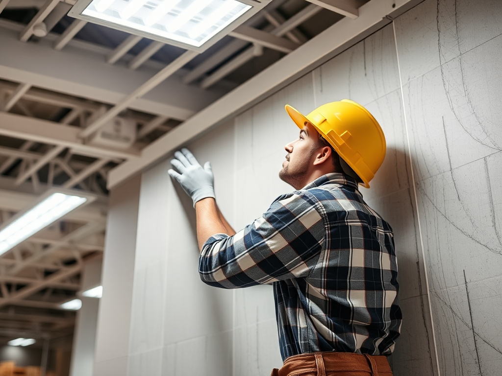 Công nhân xây dựng đang lắp đặt tấm thạch cao trong văn phòng hiện đại với ánh sáng đèn trần sáng, thể hiện quy trình làm vách thạch cao chuyên nghiệp