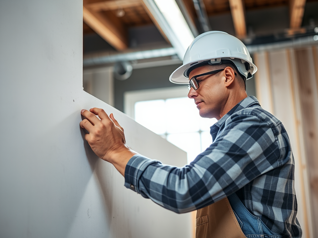 Công nhân xây dựng đang lắp đặt tấm thạch cao với sự tập trung cao độ trong xưởng làm việc sáng sủa, thể hiện quy trình làm vách thạch cao chuyên nghiệp