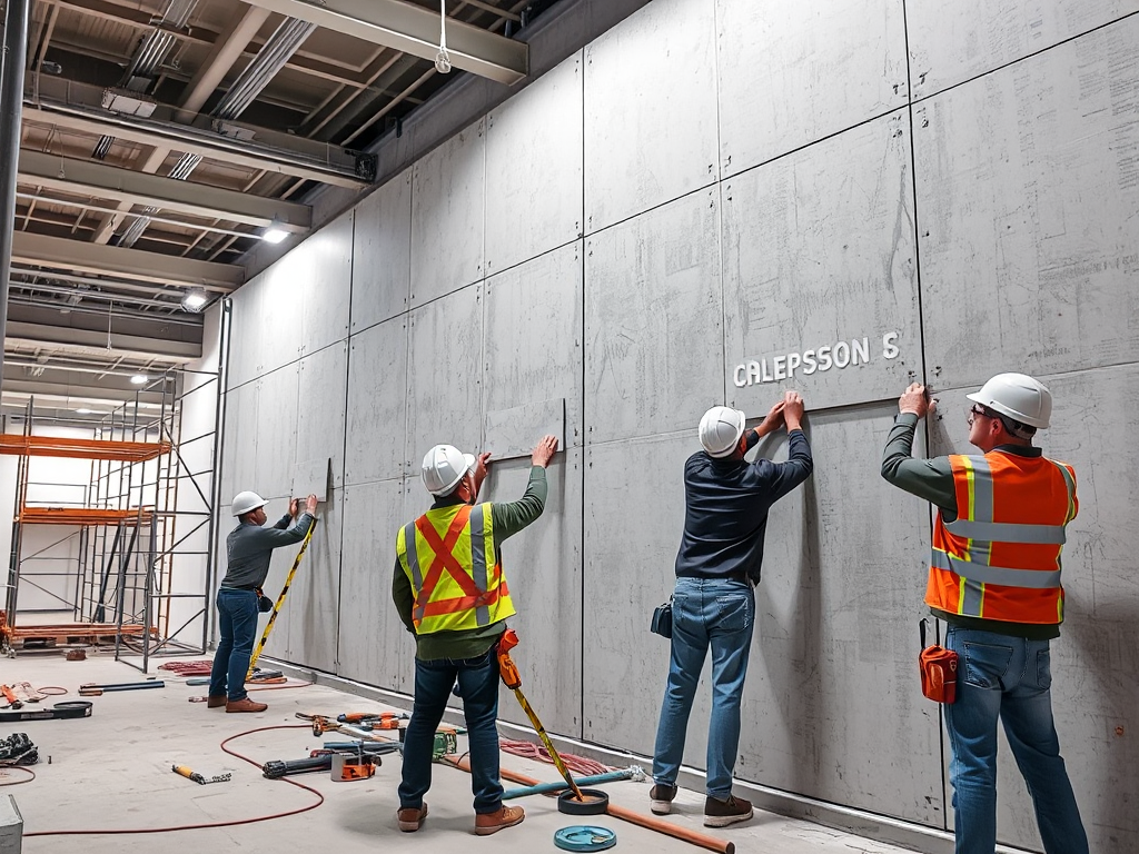 Công nhân xây dựng đang lắp đặt vách thạch cao 2 mặt tại công trường, với khung xương và dụng cụ chuyên nghiệp, ánh sáng công nghiệp chiếu sáng rõ ràng khu vực thi công