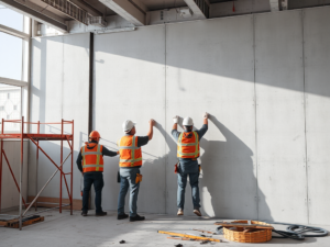 Công nhân xây dựng đang lắp đặt vách thạch cao một mặt tại công trường, không gian công nghiệp với giàn giáo và dụng cụ, ánh sáng ban ngày rõ nét