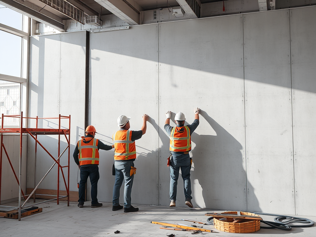 Công nhân xây dựng đang lắp đặt vách thạch cao một mặt tại công trường, không gian công nghiệp với giàn giáo và dụng cụ, ánh sáng ban ngày rõ nét
