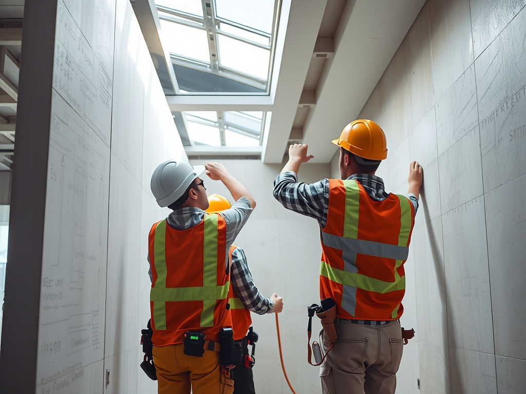 Công nhân xây dựng đang lắp đặt vách thạch cao trong xưởng sản xuất, ánh sáng rõ ràng, chi tiết kỹ thuật rõ nét, môi trường làm việc chuyên nghiệp