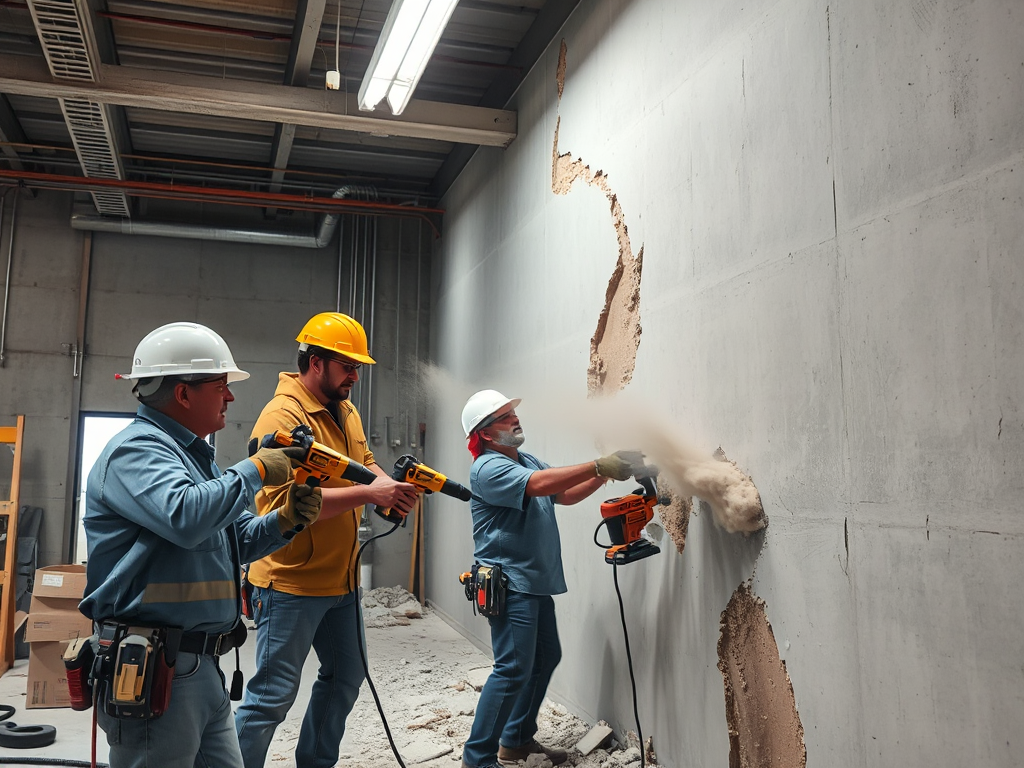 Công nhân xây dựng đang phá dỡ tường thạch cao bằng máy khoan và cưa, bụi bay mù mịt trong không gian công nghiệp với ánh sáng đèn chiếu mạnh