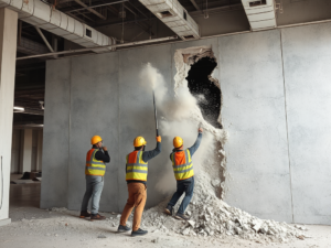 Công nhân xây dựng đang phá dỡ vách ngăn thạch cao, bụi bay mù mịt trong không gian công nghiệp với ánh sáng đèn chiếu mạnh mẽ, ghi lại khoảnh khắc hành động sôi động