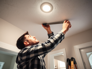 Công nhân xây dựng đang sửa chữa trần thạch cao trong nhà ở dân dụng, tập trung vào chi tiết công việc, ánh sáng trần rõ ràng, phong cách chụp ảnh thực tế