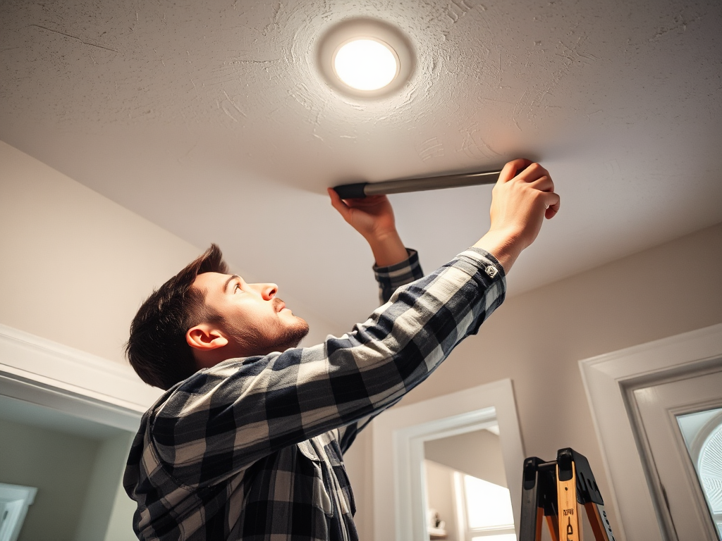 Công nhân xây dựng đang sửa chữa trần thạch cao trong nhà ở dân dụng, tập trung vào chi tiết công việc, ánh sáng trần rõ ràng, phong cách chụp ảnh thực tế