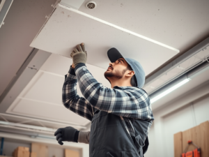 Công nhân xây dựng đang sửa chữa trần thạch cao với các dụng cụ chuyên nghiệp, ánh sáng rõ ràng trong xưởng làm việc, thể hiện kỹ thuật vá trần thạch cao chuyên nghiệp