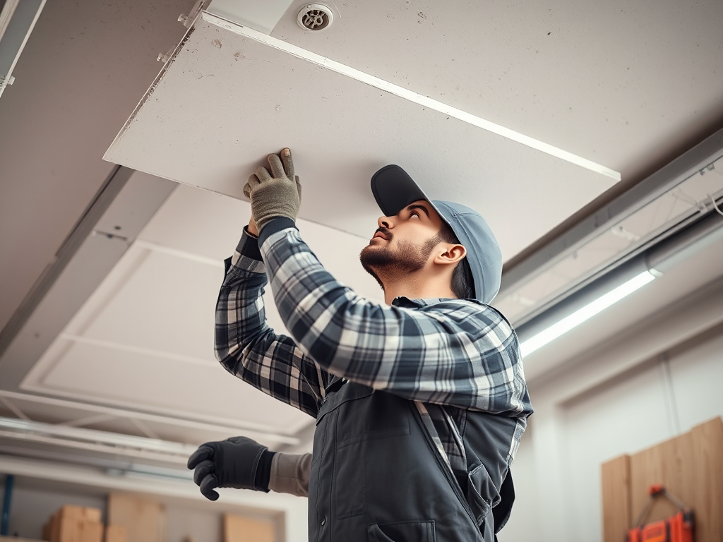 Công nhân xây dựng đang sửa chữa trần thạch cao với các dụng cụ chuyên nghiệp, ánh sáng rõ ràng trong xưởng làm việc, thể hiện kỹ thuật vá trần thạch cao chuyên nghiệp