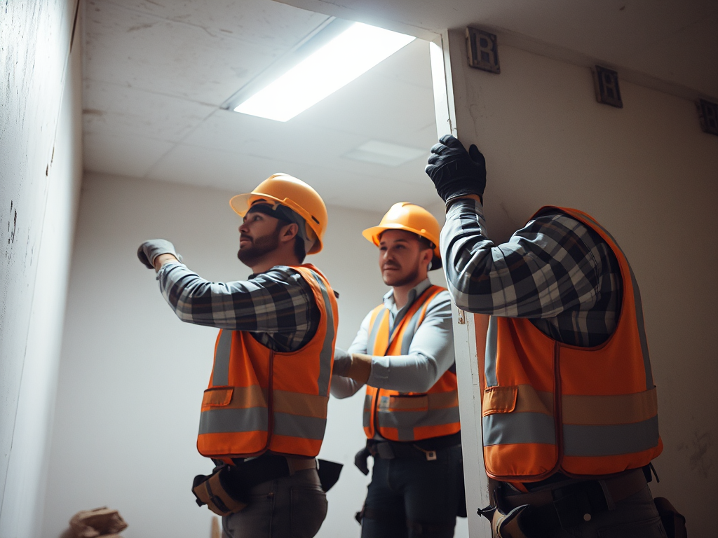 Công nhân xây dựng đang tháo dỡ vách ngăn thạch cao với đầy đủ trang thiết bị bảo hộ lao động, mũ bảo hiểm, găng tay, trong không gian công trường xây dựng với ánh sáng đèn chiếu trực tiếp