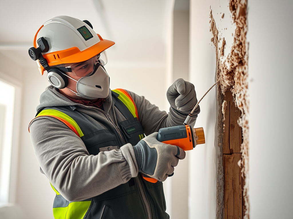 Công nhân xây dựng được trang bị đầy đủ đồ bảo hộ như mũ bảo hiểm, kính bảo hộ, khẩu trang chống bụi và găng tay đang cẩn thận phá dỡ tường thạch cao bằng các dụng cụ chuyên dụng trong không gian n...