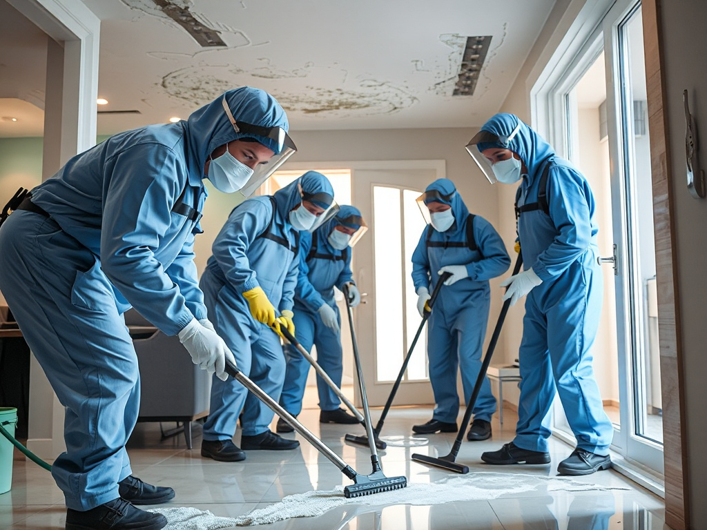 Đội ngũ chuyên gia đang thực hiện dịch vụ tẩy mốc nhà chuyên nghiệp với trang thiết bị bảo hộ, đảm bảo quy trình làm sạch an toàn và hiệu quả cao.