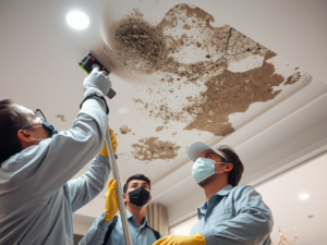 Đội ngũ chuyên nghiệp đang tẩy mốc trần nhà bằng thiết bị chuyên dụng, ánh sáng mạnh chiếu từ trên cao, không gian nội thất hiện đại, tập trung vào chi tiết xử lý vết mốc trên bề mặt trần