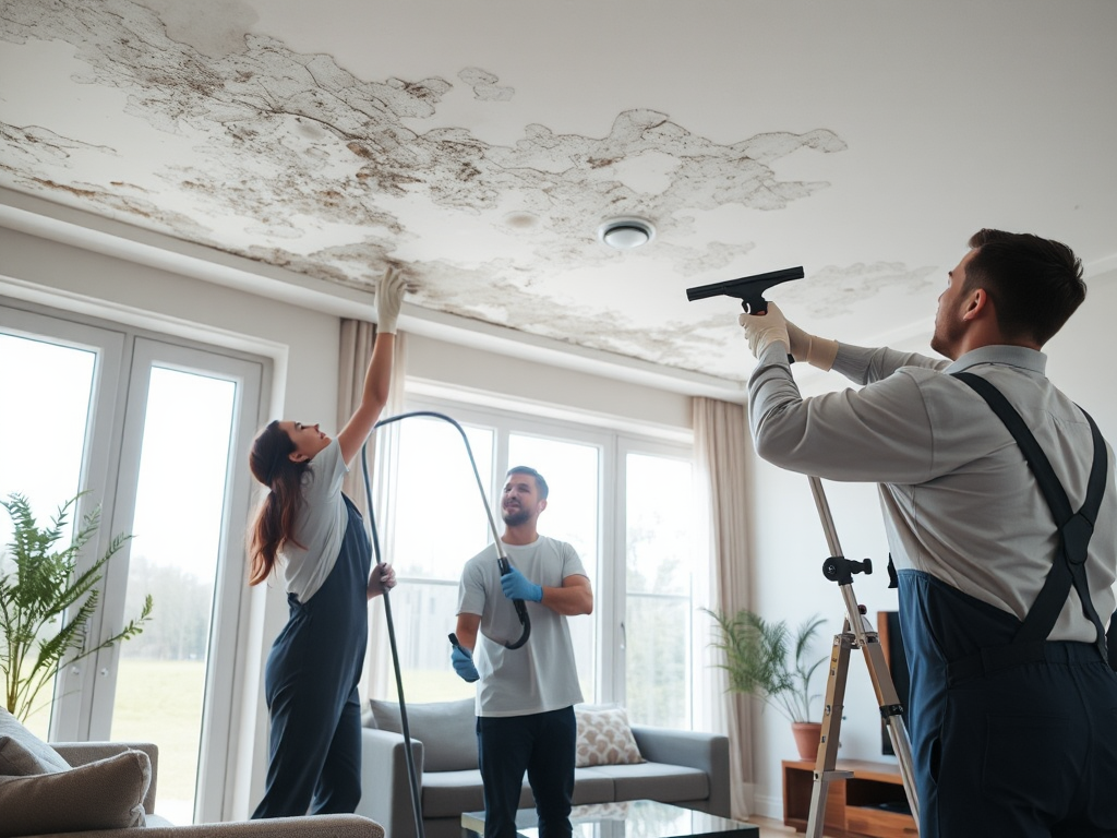 Đội ngũ chuyên nghiệp đang tẩy mốc trần nhà trong phòng khách, ánh sáng tự nhiên chiếu qua cửa sổ, tập trung vào quá trình làm sạch chi tiết và thiết kế nội thất hiện đại