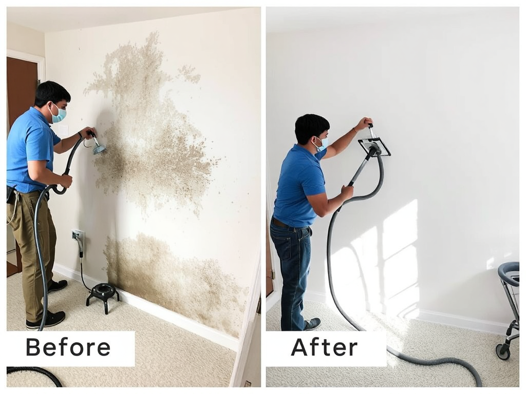 Đội ngũ chuyên nghiệp sử dụng thiết bị hiện đại để tẩy mốc tường nhà, ánh sáng rõ ràng, so sánh trước và sau khi xử lý, không gian sinh hoạt gia đình