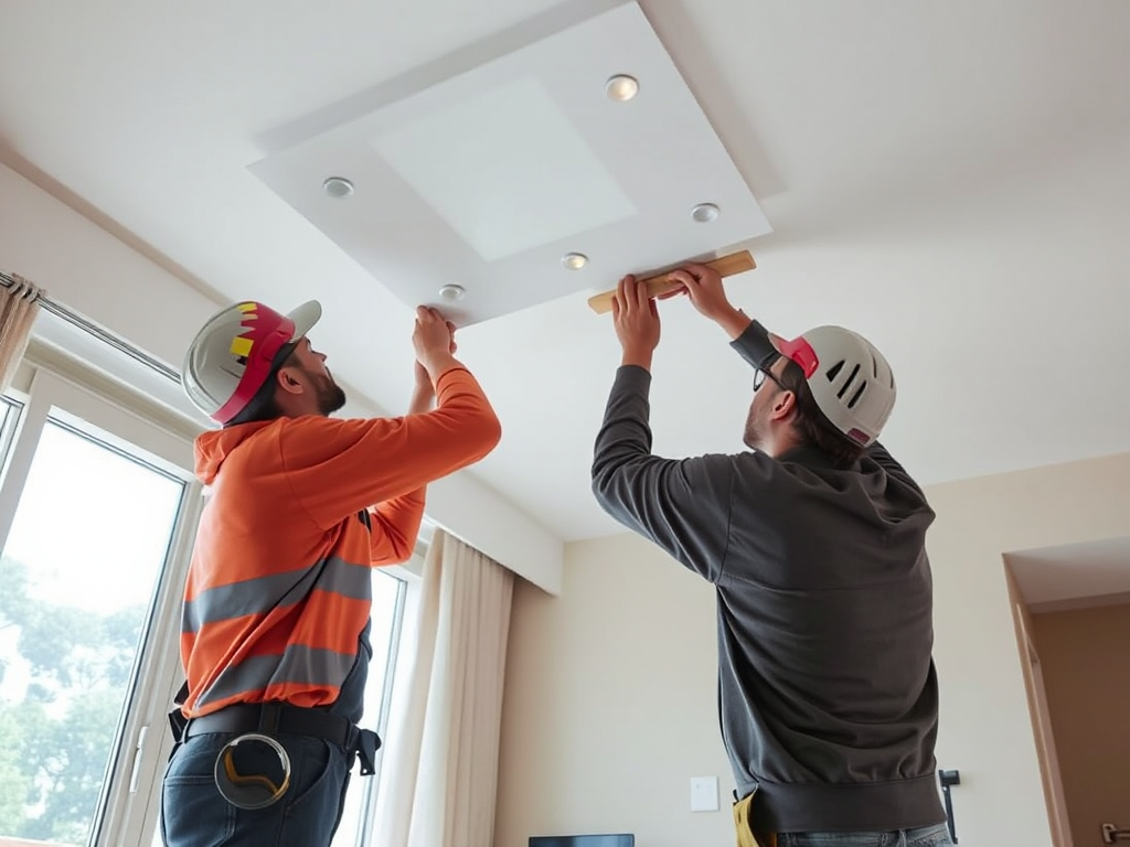 Đội ngũ kỹ thuật viên đang sửa chữa trần thạch cao trong căn hộ hiện đại, ánh sáng tự nhiên rõ nét, chi tiết tay nghề tinh xảo, chụp ảnh xây dựng