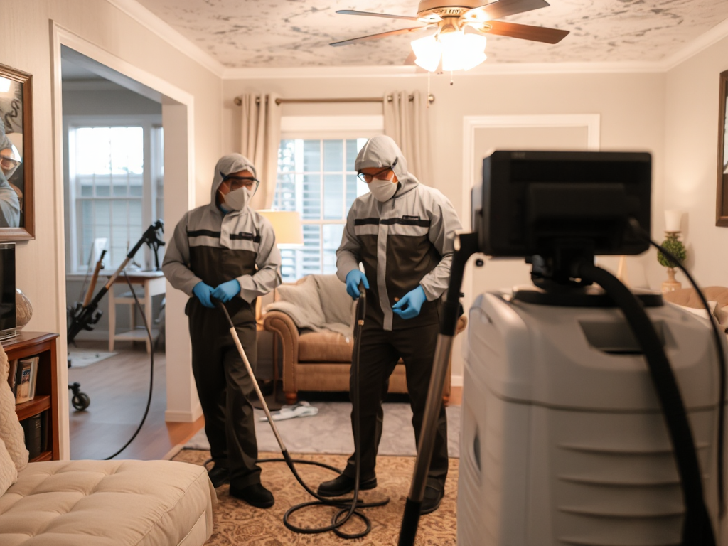 Đội ngũ nhân viên chuyên nghiệp đang thực hiện dịch vụ tẩy mốc nhà tại Hà Nội, sử dụng thiết bị hiện đại và trang bị bảo hộ đầy đủ trong quá trình làm sạch tường và trần nhà.