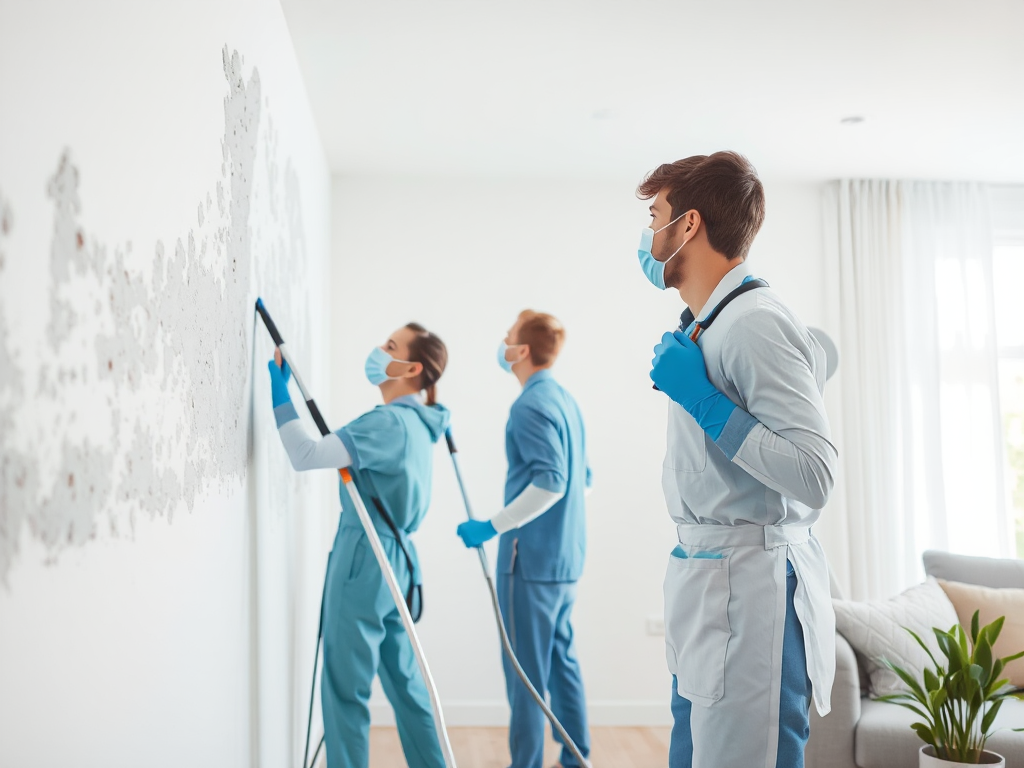 Đội ngũ nhân viên chuyên nghiệp đang thực hiện xử lý chống mốc tường nhà với các thiết bị chuyên dụng trong không gian nội thất hiện đại