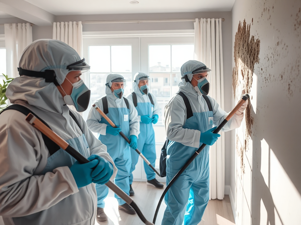 Đội ngũ nhân viên vệ sinh chuyên nghiệp đang sử dụng thiết bị chuyên dụng để tẩy mốc tường nhà, không gian trong nhà sáng sủa, hiện đại tại Hà Nội